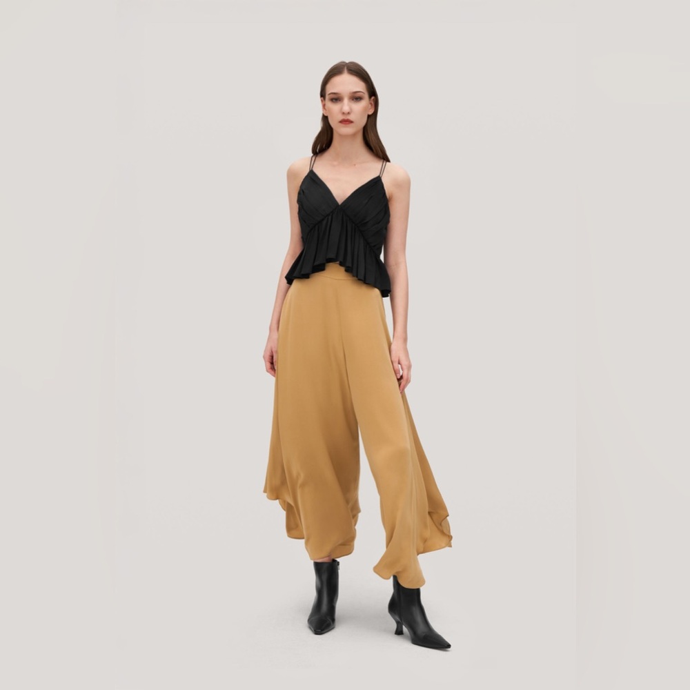 Lilysilk Gold Wide Leg Silk Fig Palazzo Pants in “Taffy”, Size 33
